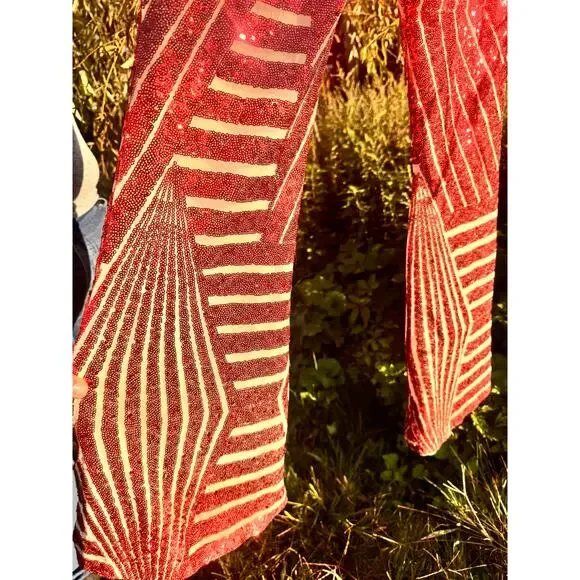 Red & Orange screaming stretch sequin flared stretch pants (125) - Picture 6 of 11